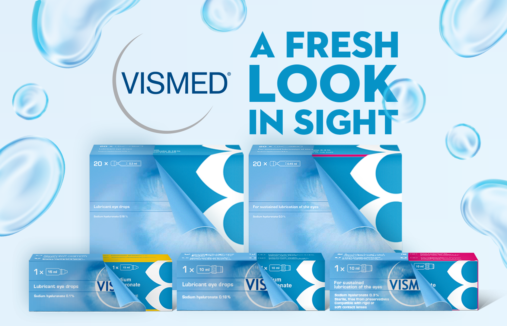 VISMED® eye drops, fresh look packaging.