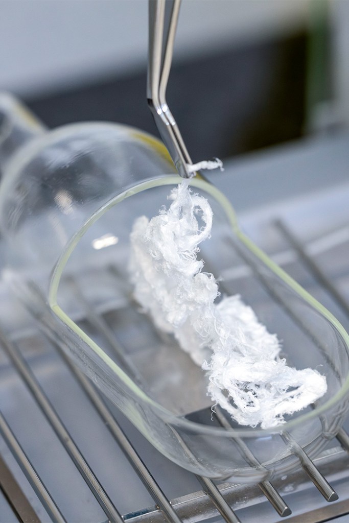 Tweezers holding a piece of white material inside a glass container.
