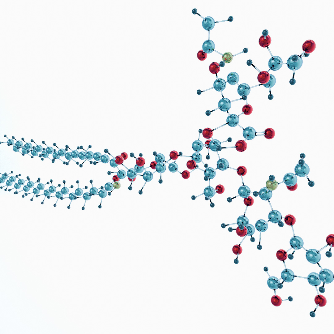 Molecular structure with blue and red spheres representing atoms