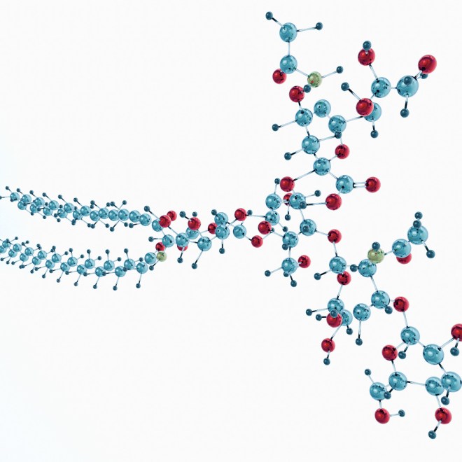 Molecular structure with blue and red spheres representing atoms